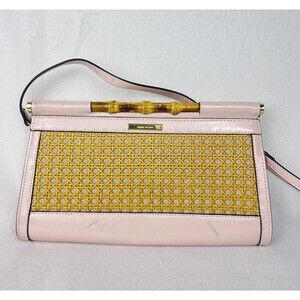 ANNE KLEIN Earthy Delights Blossom Pink Clutch Bag Patent Leather Bamboo Rattan